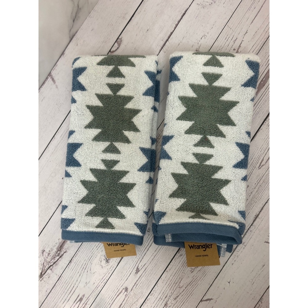 Wrangler 2 Pack Hand Towels Blue Olive Green Southwestern Geometric Pattern NWT